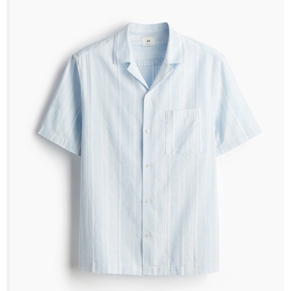 H&M Men Linen Cotton Striped Short Sleeve Shirt Blue White Small Regular Fit EUC
